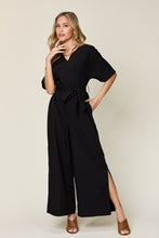 Load image into Gallery viewer, Double Take Full Size V-Neck Tie Front Short Sleeve Slit Jumpsuit