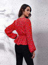 Load image into Gallery viewer, Floral V-Neck Balloon Sleeve Peplum Blouse