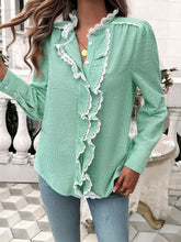 Load image into Gallery viewer, Lace Detail Ruffled Round Neck Long Sleeve Shirt