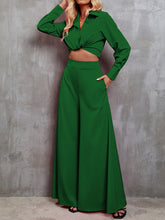Load image into Gallery viewer, Collared Neck Long Sleeve Top and Wide Leg Pants Set