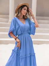 Load image into Gallery viewer, Tassel Trim Smocked V-Neck Short Sleeve Dress