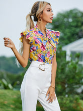 Load image into Gallery viewer, Ruffled Printed Tie Neck Cap Sleeve Blouse