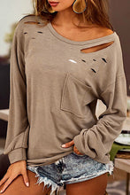 Load image into Gallery viewer, Distressed Pocketed Round Neck Long Sleeve T-Shirt