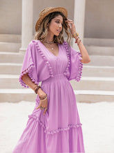 Load image into Gallery viewer, Tassel Trim Smocked V-Neck Short Sleeve Dress