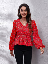 Load image into Gallery viewer, Floral V-Neck Balloon Sleeve Peplum Blouse