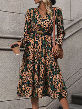 Load image into Gallery viewer, Leopard Notched Flounce Sleeve Midi Dress