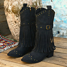 Load image into Gallery viewer, Studded Fringe Block Heel Boots