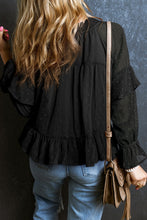 Load image into Gallery viewer, Swiss Dot Tie Neck Flounce Sleeve Blouse