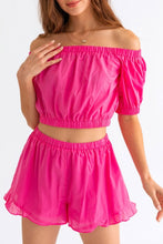 Load image into Gallery viewer, Le Lis Off Shoulder Crop Top and Ruffled Shorts Set
