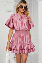 Load image into Gallery viewer, Smocked Tie Neck Flounce Sleeve Dress