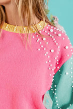 Load image into Gallery viewer, BiBi Color Block Pearl Decor Cropped Sweater