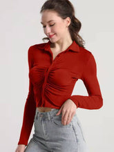 Load image into Gallery viewer, Ruched Button Up Long Sleeve T-Shirt