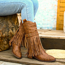 Load image into Gallery viewer, Studded Fringe Block Heel Boots