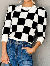 Load image into Gallery viewer, Plaid Round Neck Three-Quarter Sleeve Sweater