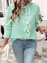 Load image into Gallery viewer, Lace Detail Ruffled Round Neck Long Sleeve Shirt