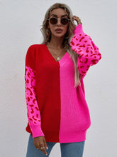 Load image into Gallery viewer, Woven Right Leopard Color Block V-Neck Tunic Pullover Sweater