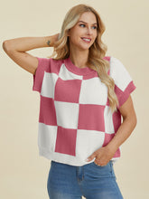 Load image into Gallery viewer, Double Take Full Size Checkered Round Neck Short Sleeve Sweater