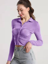 Load image into Gallery viewer, Ruched Button Up Long Sleeve T-Shirt