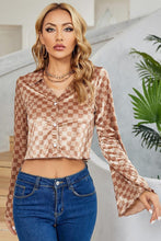 Load image into Gallery viewer, Checkered Johnny Collar Flare Sleeve Cropped Shirt
