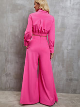 Load image into Gallery viewer, Collared Neck Long Sleeve Top and Wide Leg Pants Set
