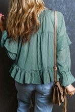 Load image into Gallery viewer, Swiss Dot Tie Neck Flounce Sleeve Blouse
