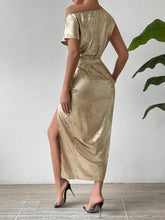 Load image into Gallery viewer, Slit One Shoulder Short Sleeve Midi Dress