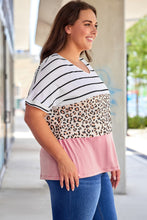 Load image into Gallery viewer, Plus Size Striped Leopard Round Neck Half Sleeve T-Shirt