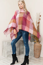 Load image into Gallery viewer, Justin Taylor Plaid High Neck Raw Hem Poncho with Fringes
