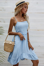 Load image into Gallery viewer, Lace-Up Spaghetti Strap Ruffle Hem Dress