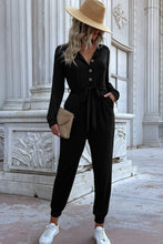 Load image into Gallery viewer, Button Front Belted Jogger Jumpsuit with Pockets