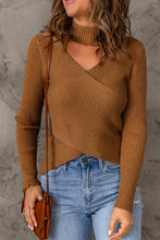 Load image into Gallery viewer, Crisscross Cutout High Neck Rib-Knit Sweater