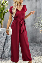 Load image into Gallery viewer, Tie Belt V-Neck Short Sleeve Jumpsuit