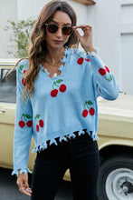 Load image into Gallery viewer, Cherry Pattern Frayed Trim V-Neck Sweater