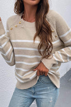 Load image into Gallery viewer, Striped Heart-Shaped Button Round Neck Sweater