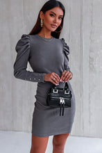 Load image into Gallery viewer, Button-Cuff Puff Sleeve Ribbed Dress
