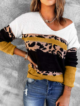 Load image into Gallery viewer, Leopard Color Block V-Neck Rib-Knit Sweater