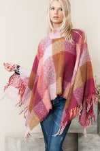 Load image into Gallery viewer, Justin Taylor Plaid High Neck Raw Hem Poncho with Fringes