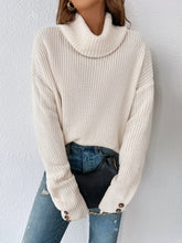 Load image into Gallery viewer, Woven Right Decorative Button Turtleneck Dropped Shoulder Sweater