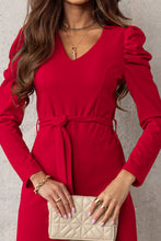 Load image into Gallery viewer, Belted Long Puff Sleeve V-Neck Jumpsuit
