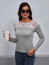 Load image into Gallery viewer, Lace Trim Long Sleeve Round Neck Tee