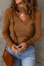 Load image into Gallery viewer, Crisscross Cutout High Neck Rib-Knit Sweater