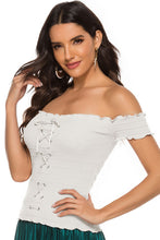 Load image into Gallery viewer, Lace-Up Front Lettuce Hem Off-Shoulder Knit Top