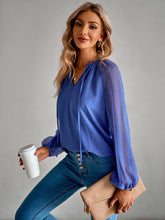 Load image into Gallery viewer, Frill Trim Tie Neck Raglan Sleeve Blouse