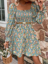 Load image into Gallery viewer, Blue Skies Floral Detail Smocked Neck Flounce Sleeves Mid Dress