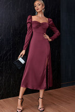 Load image into Gallery viewer, Ruched Puff Sleeve Split Satin Dress