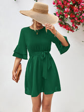 Load image into Gallery viewer, Round Neck Tie Belt Flounce Sleeve Dress