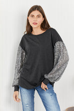 Load image into Gallery viewer, HOPELY Full Size Sequin Puff Sleeve Curved Hem Top in Charcoal