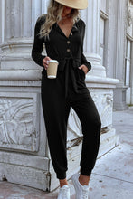 Load image into Gallery viewer, Button Front Belted Jogger Jumpsuit with Pockets