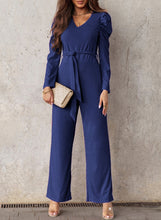 Load image into Gallery viewer, Belted Long Puff Sleeve V-Neck Jumpsuit