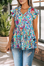 Load image into Gallery viewer, Printed Tie Neck Butterfly Sleeve Babydoll Top